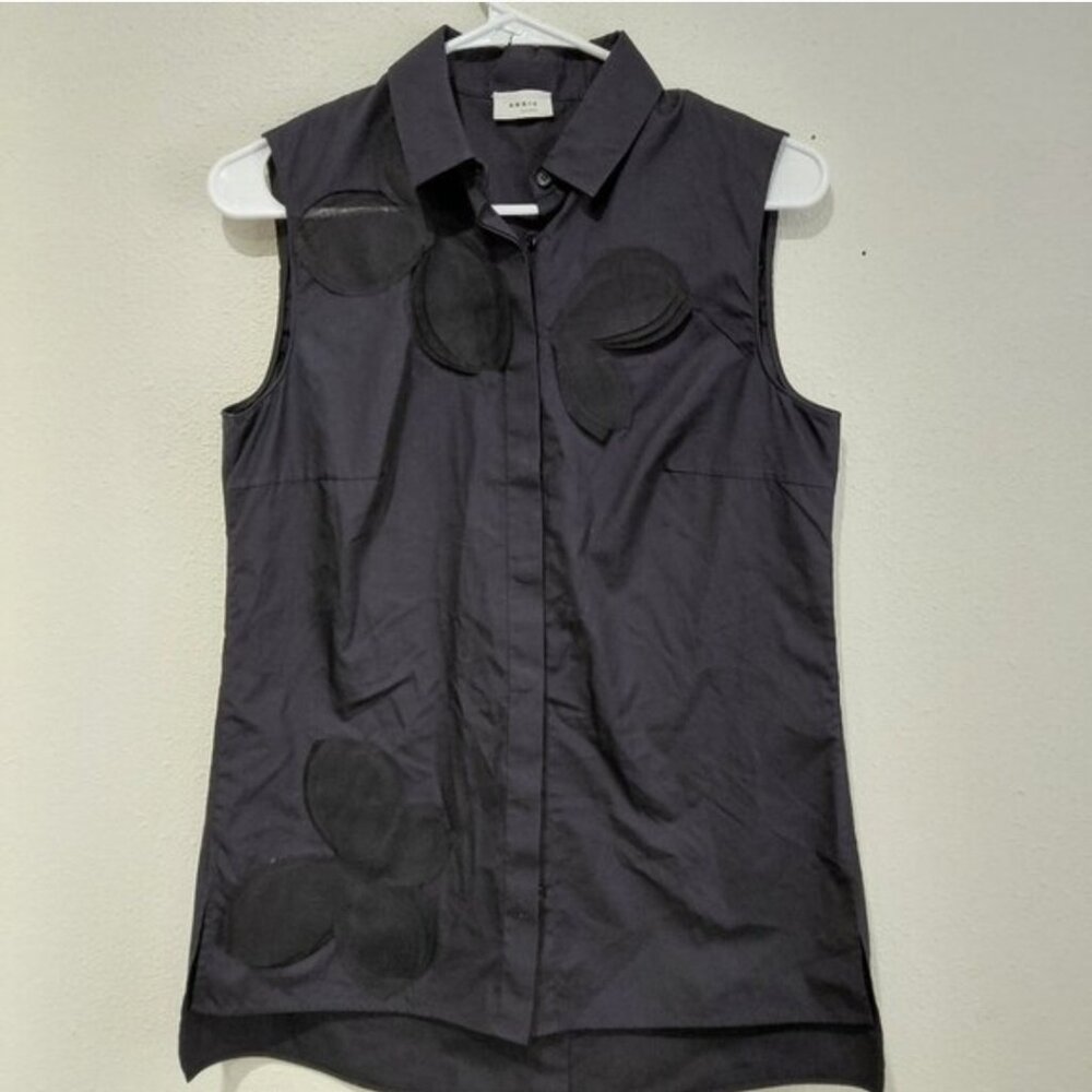 Akris Punto Black Blouse Spring 3D Mesh Flowers Art to Wear Minimalist Career
